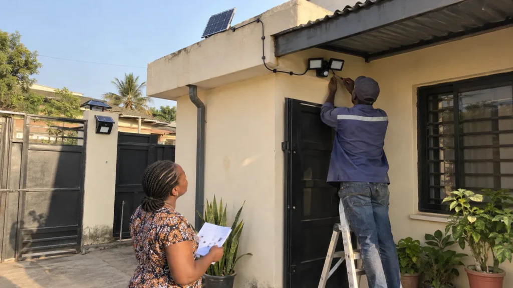 Installer mounting a wall light with a separate solar panel on a building exterior