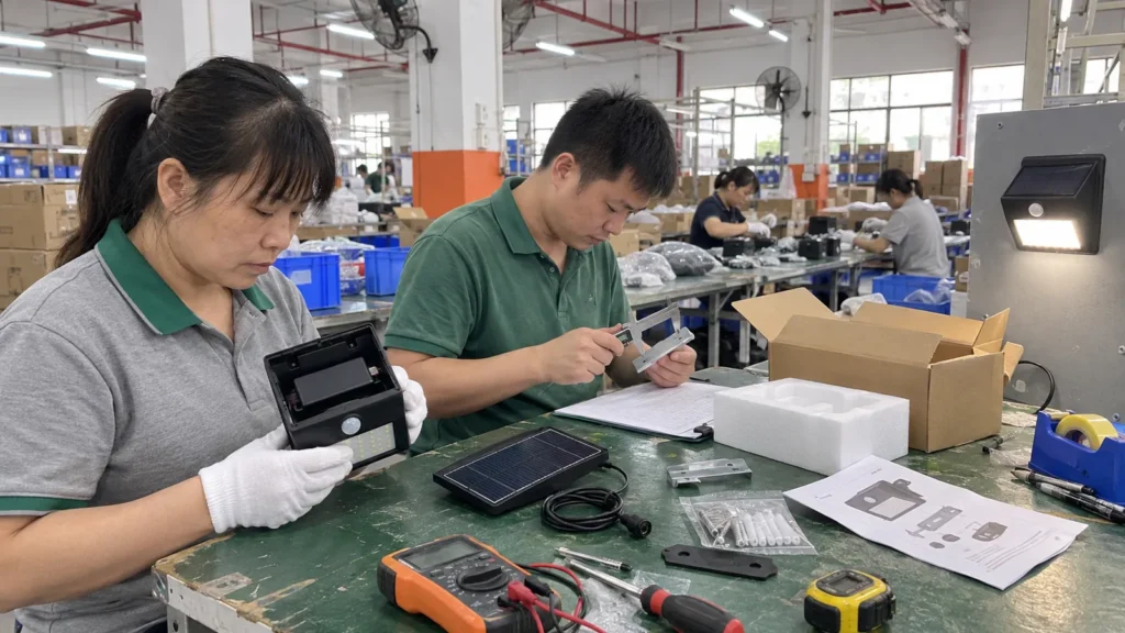 Factory team reviewing the design and components of a solar wall light range