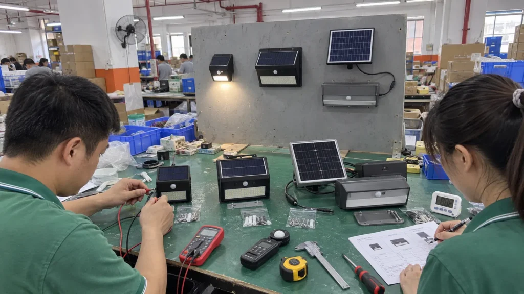 Technicians testing entry-level, mid-range, and premium solar wall lights