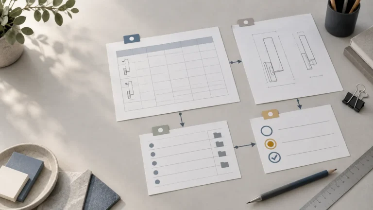 Conceptual desk layout showing a generic fixture schedule, line drawing, document register, and review record linked in a submittal workflow.