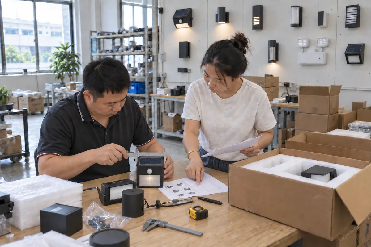 Wall-light sample review and packaging preparation in a Chinese lighting factory
