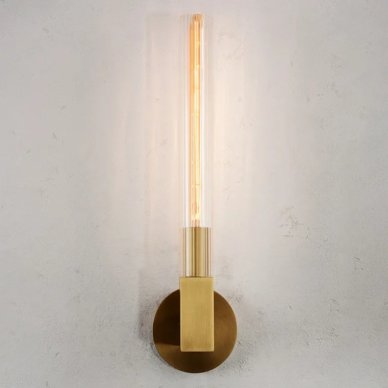 Modern Brass Single Vertical Wall Sconce with Fluted Glass Tube Shade