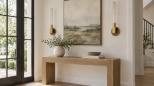Pair of brass tube wall sconces flanking artwork above a console table