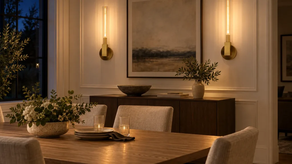 Pair of glowing brass tube wall sconces in a warm dining room