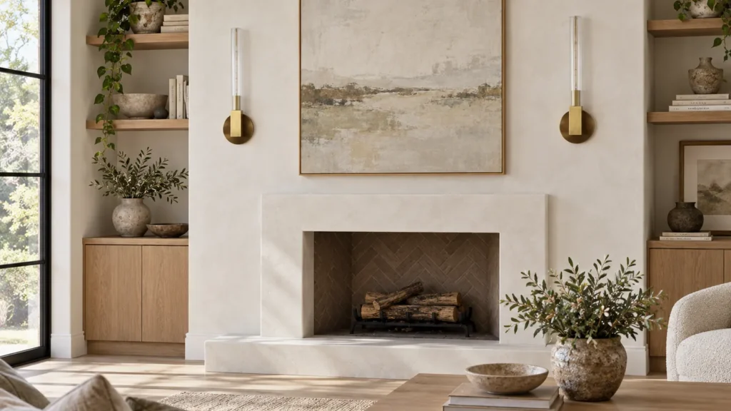 Pair of brass tube wall sconces beside artwork above a living room fireplace