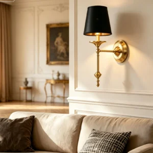 Black shade and brass wall sconce mounted above a living room sofa
