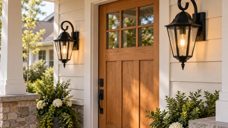 Pair of black outdoor wall lanterns beside a wood front door