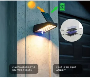 Diagram showing daytime solar charging and nighttime illumination of a wall light