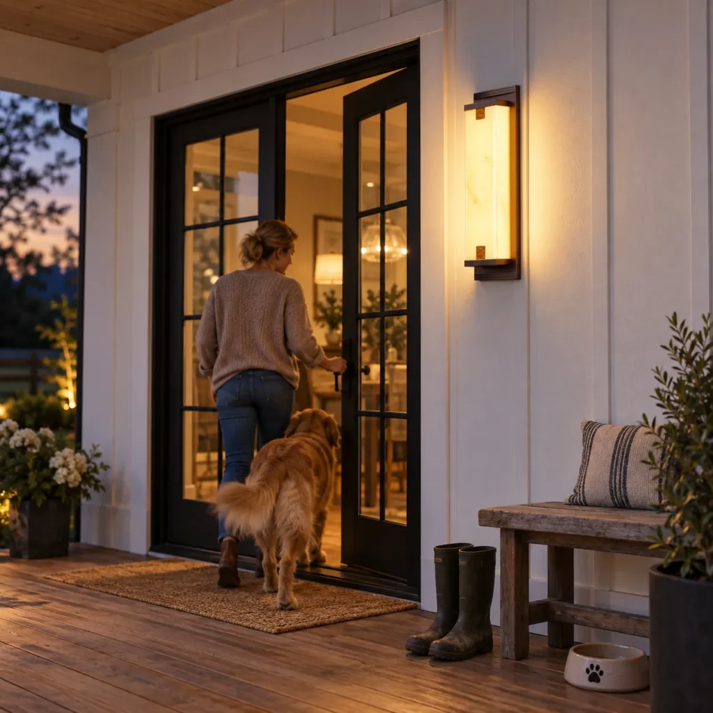 Glowing rectangular wall light beside a porch entrance with a person and dog