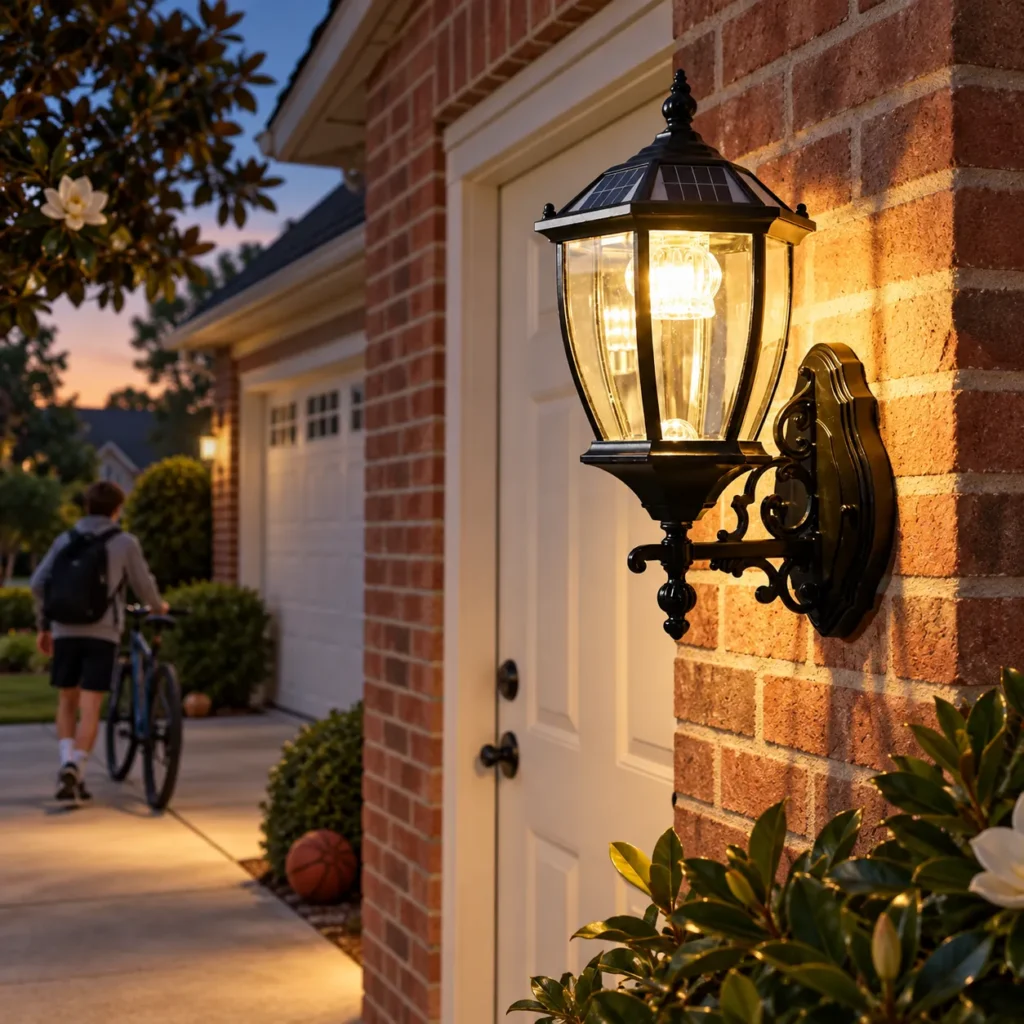 Black outdoor wall lantern glowing beside a brick home entrance