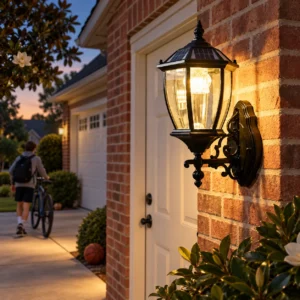 Black outdoor wall lantern glowing beside a brick home entrance